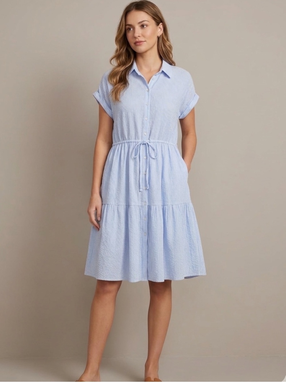 Bêcool Blue Striped Tiered Shirt Dress w Pockets Size Large Cottagecore Summer